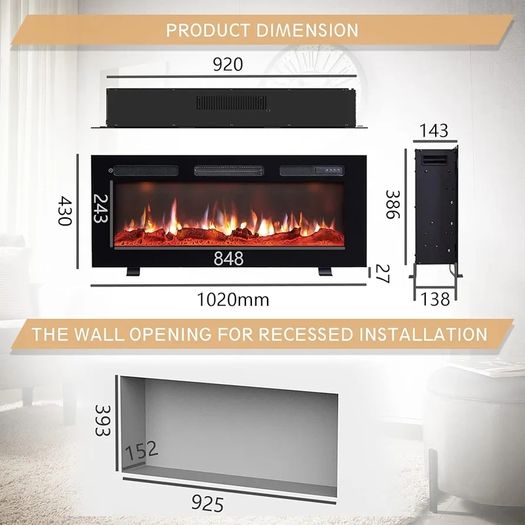 Wilton 40"/102cm Electric Fireplace, Wall Mounted, Recessed, 9 Colour Flame Effect, Media Wall Compatible, 900W - 1800W Heater, Remote Control