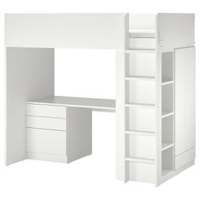 Ikea SMASTAD Loft bed, white with desk with 4 drawers, wardrobe with drawers and a bookcase