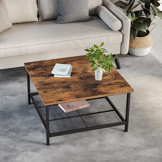 Coffee table square coffee table, coffee table, made of steel, with mesh shelf, square, industrial design, for living room, vintage brown-black