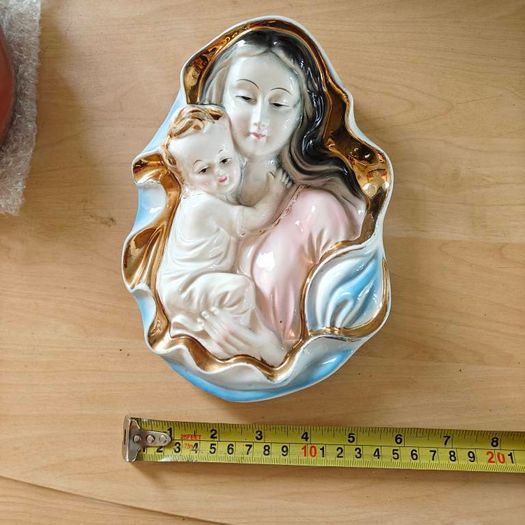 Pair of  glazed, gilt, porcelain Holy Family, infant Jesus Italian wall plaques, devotional item,
