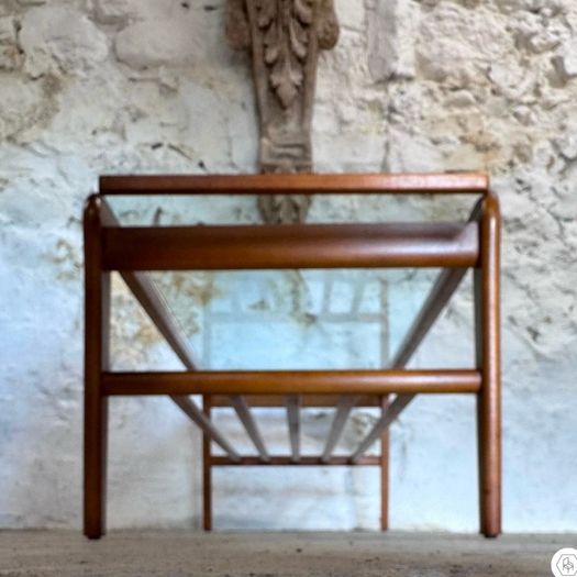 Solid Teak & Glazed Glass Coffee Table With Magazine Rack