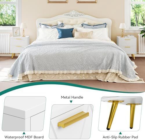 2-Drawer Bedside Table Set of 2, Small Bedside Storage Cabinet with Storage, Nightstand End Table for Living Room Bedroom Office, 40x30x52cm, White & Gold