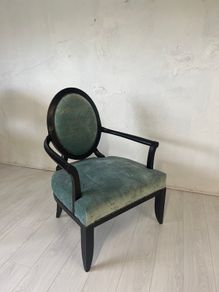 Verdant Halo Armchair in Distressed Teal Velvet with Sculpted Ebony Frame