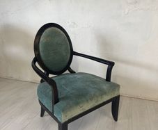 Verdant Halo Armchair in Distressed Teal Velvet with Sculpted Ebony Frame