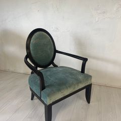 Verdant Halo Armchair in Distressed Teal Velvet with Sculpted Ebony Frame