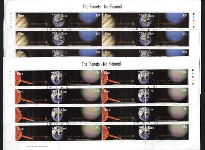 2007 Ireland The Planets (Jupiter, Neptune, Saturn & Uranus) Commemorative Stamp Sheetlets Plate 1A1A1A1A1A Fine Used with Dublin cancel of 25th May 2007 (First day of issue)