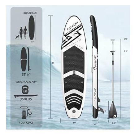 FBSPORT 11' Premium Stand Up Paddle Board - SUP Board - Black and White