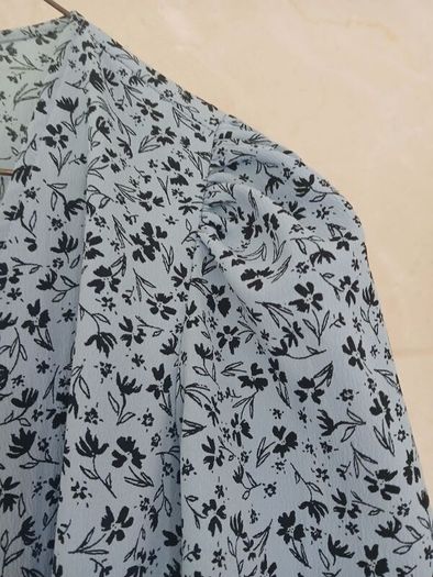 full length monkl blue summer dress with long sleeves.