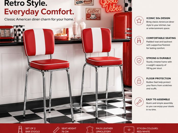 Set of 2 Retro American Diner Bar Stools