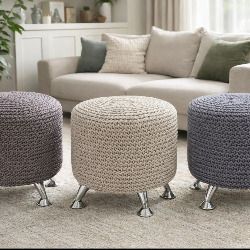 Handmade Chunky Knit Pouf with Wooden Legs Scandi / Boho Style