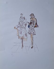 Paul Costelloe Fashion Print Two Elegant Dresses Signed Style