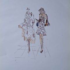 Paul Costelloe Fashion Print Two Elegant Dresses Signed Style