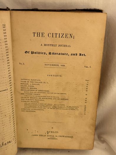 Antique book - The Citizen a monthly journal of politics, literature and art volume 1. November 1839-May 1840