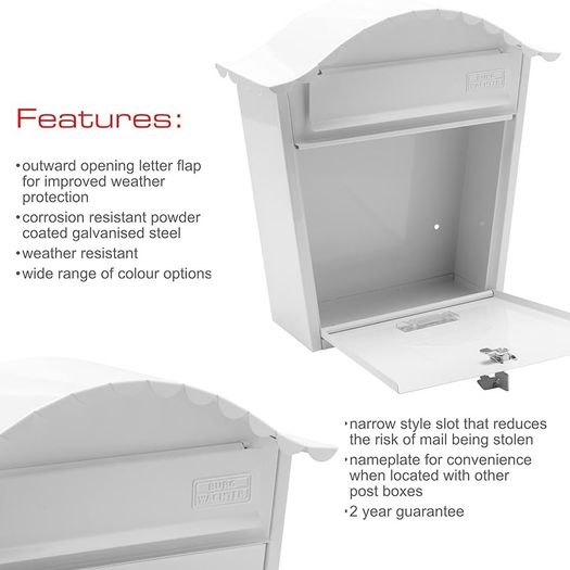 NEW SALE | White Classic Wall Mounted Galvanised Steel Lockable Weatherproof Post Box - 36x37x13cm