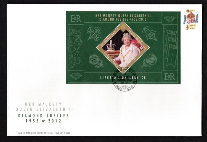 2012 Isle of Man Diamond Jubilee of Her Majesty Queen Elizabeth II Commemorative Stamp Miniature Sheet First Day Cover (FDC)