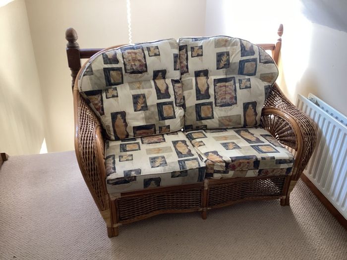 Arnotts Rattan Sofa Suite (Wicker Style) - 2 Seater + Armchair + Table