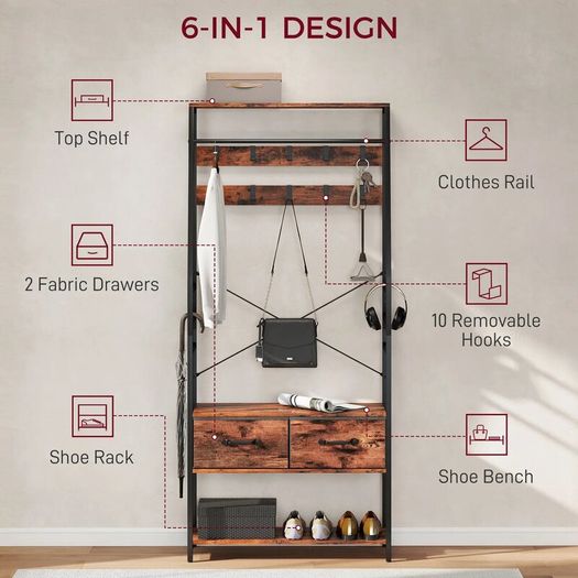 6-in-1 Industrial-Style Hallway Organiser - Brown/Black