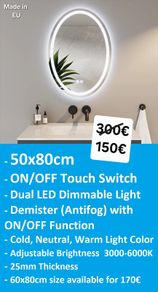 LED Bathroom Mirror 50x80cm Antifog Demister