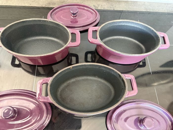 Three Unused Purple Iron Enamel Mini Casseroles