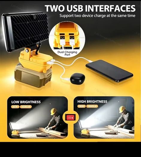 New 90w LED Work Light For Dewalt 18V Battery Portable Flood Light Cordless Job Site Lamp Outdoor Emergency Fishing Tool