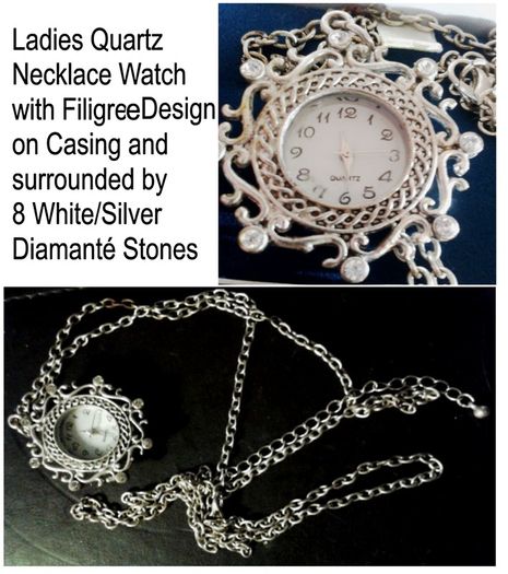 Ladies Quartz Necklace Watch with Filigree Design on Casing and Surrounded by 8 White-Silver Diamante Stones.