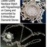 Ladies Quartz Necklace Watch with Filigree Design on Casing and Surrounded by 8 White-Silver Diamante Stones. Image 2