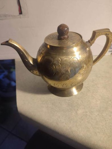 SMALL BRASS TEA Pot Antique Tea Kettle Handle Brass Made Wooden Teapot Lid Hand Handmade