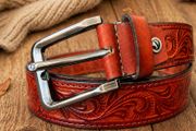 Unisex Genuine Leather Tooled Belt Vintage Floral Western Leather Belt