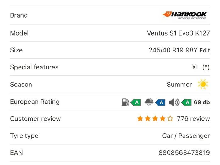 Hankook Ventus S1 Evo3 K127 245/40 R19 98y Xl Summer Tyre X1