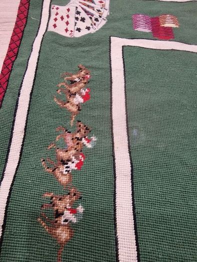 Vintage Needlepoint Poker / Card Game Table Cover | Green Casino Style Playing Card Mat