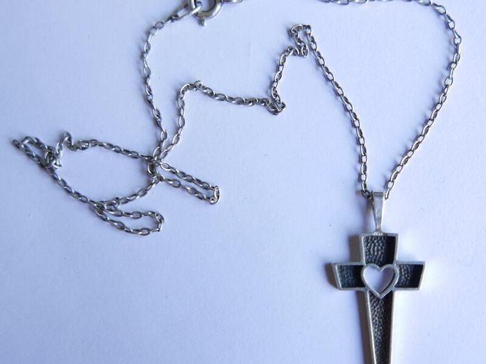 Vintage 925 Sterling Silver Cross Pendant with Heart Cutout on Chain