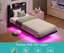 Floating Single Metal Bed Frame with LED Lights & USB Charging Station, 90x190cm