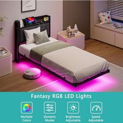 Floating Single Metal Bed Frame with LED Lights & USB Charging Station, 90x190cm