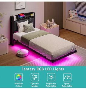 Floating Single Metal Bed Frame with LED Lights & USB Charging Station, 90x190cm