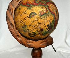 Vintage Decorative Globe Old World Map 1660 Style - Carved Wood Stand