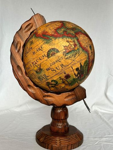 Vintage Decorative Globe Old World Map 1660 Style - Carved Wood Stand