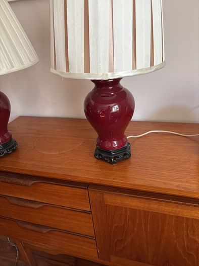 Please Check Photos- Mid Century Oxblood glazed Ginger Jar Table Lamps (2)  with off white pleated empire shade