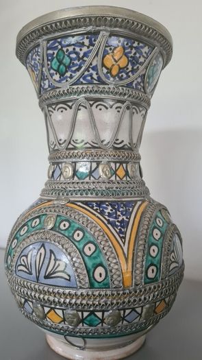 Vase Fes Blue & White With Silver Filigree
