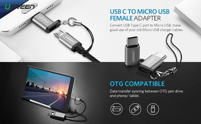 2 X Ugreen Aluminum Alloy OTG Micro USB (Female) to USB-C (Male) QC 3.0/2.0 Charger & Sync Convertor Adapter with Key Chain (Brand New/Warranty)