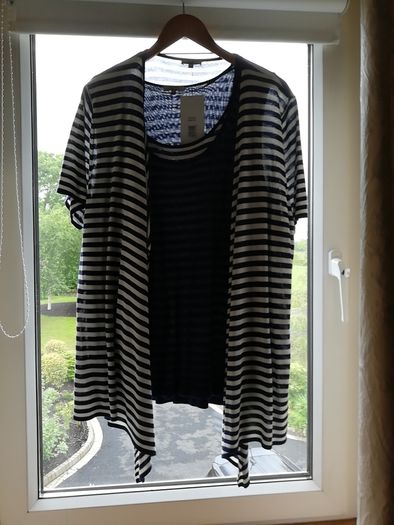 Ladies clothes. Personal Choice. 2 Piece. Inner top is sleeveless. Navy and White. Cardigan has lovely detail. As new. Never worn. Labels on. Size 20 > 22