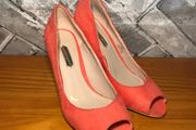 Dorothy Perkins Ladies UK5 EUR38 Red Jules Suede Peep Toe Mid/Open High Heels    S-F