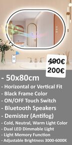 LED Bathroom Mirror 50x80cm Speakers Antifog Dual LED Light Memory Function Bright Light
