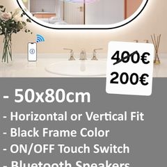 LED Bathroom Mirror 50x80cm Speakers Antifog Dual LED Light Memory Function Bright Light