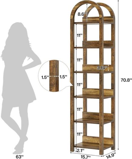 6 Tier Slim Bookcase 71 Inch Tall Arched Bookcase with Shelves for Small Space Narrow Display Shelf Wood Open Storage Shelf