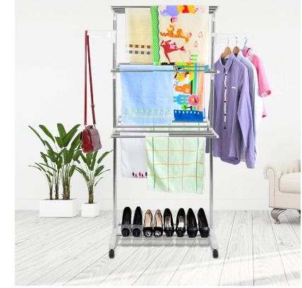 BRAND NEW Household Laundry Drying Rack Three-layer Foldable Clothes Drying Rack Stainless Steel Adjustable Clothing Storage Racks