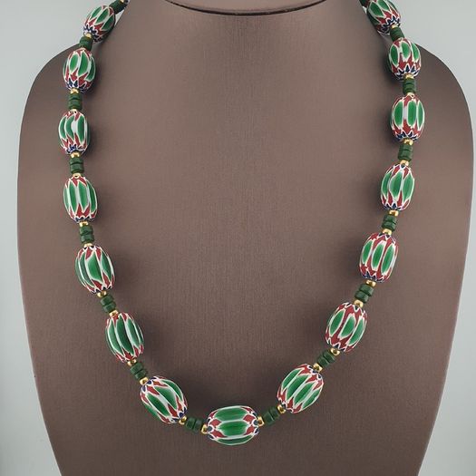 Antique Venetian Style Green Chevron Glass Beads Necklace
