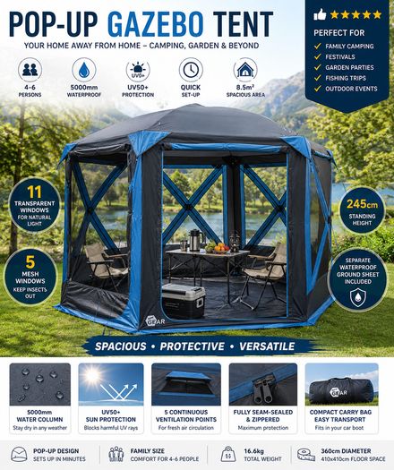 Pop Up Gazebo Tent for 4-6 Persons Family Tent Floor Pan Waterproof