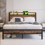 King Size Bed Frame, Black | Charging Station, LED Lights, Wood Headboard with Storage Shelves, Heavy Duty Metal Slats, No Box Spring Needed Image 7