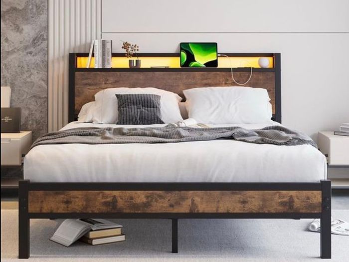 King Size Bed Frame with Wood Headboard Storage, Black Charging Station, LED Lights, Heavy Duty Metal Slats, Under Bed Storage,No Box Spring Needed,Easy Assembly