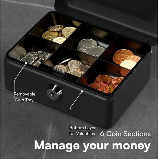 NEW SALE | Money Box with Key - 6 inch Money Tin with Lock - Small Lockable Cash Box with Coin Tray for Petty Cash Coins Notes - Locking Metal Safe Box with 2 Keys - Black Matt